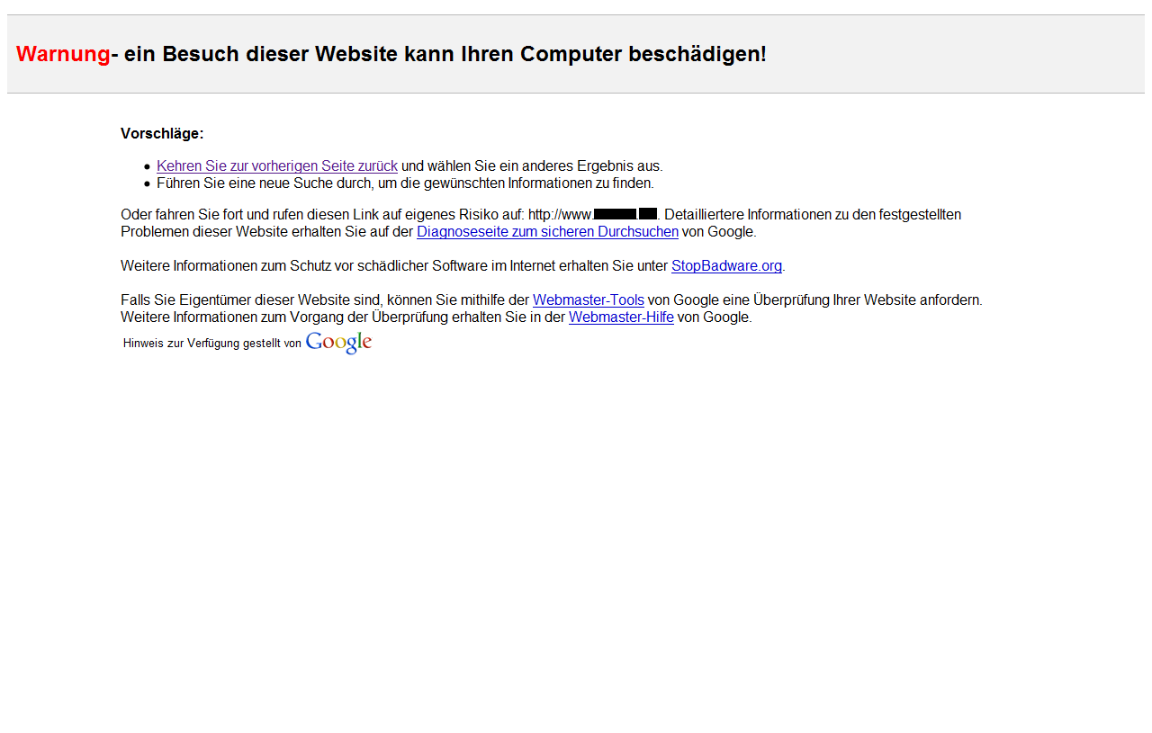 Malware Warnung von Google - Screenshot