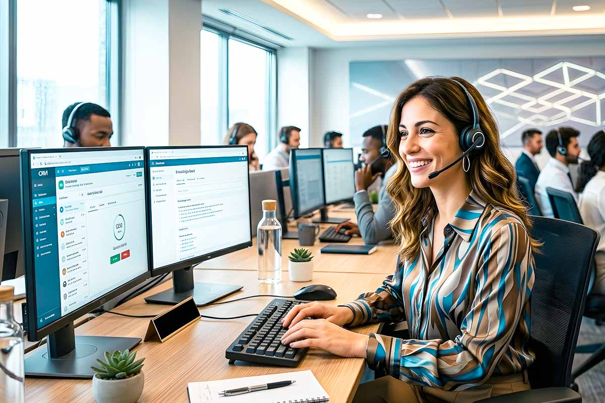 Symbolbild KI-Generiert: Frau mit Headset am PC in einem Callcenter