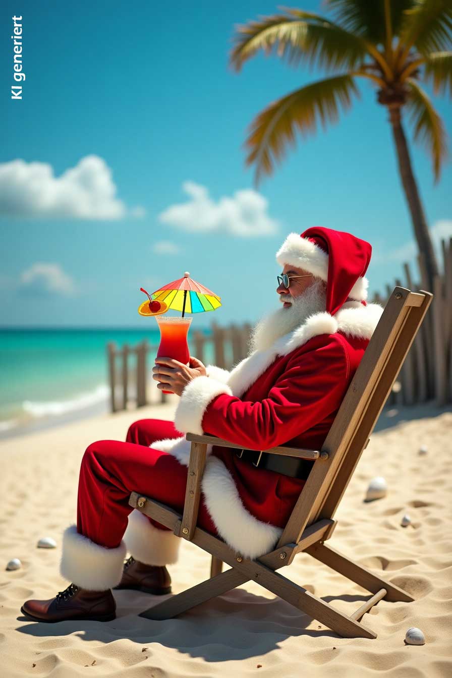 KI generiert: Weihnachtsmann sitzt im Liegestuhl am Strand und trinkt einen Cocktail